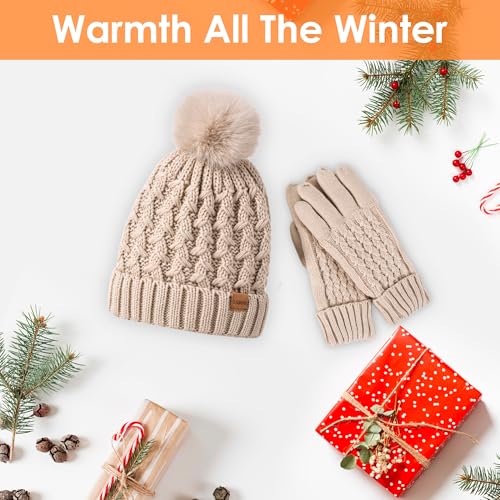 Women Winter Beanie Hat Gloves Set Pom Hat with Warm Fleece Lined Touchscreen Gloves for Cold Weather - color: Big Red