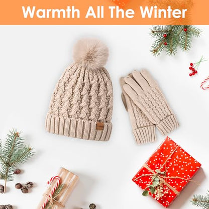 Women Winter Beanie Hat Gloves Set Pom Hat with Warm Fleece Lined Touchscreen Gloves for Cold Weather - color: Big Red
