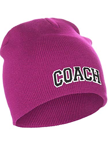 I&W Sports Team Coach Arch Letters Winter Knit Cuffless Beanie 3D Raised Layers - color: Hot Pink Beanie White Black
