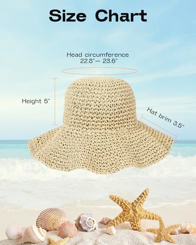 Bsubseach Womens Foldable Beach Hat Packable Straw Sun Hat Wide Brim Floppy Hat for Outdoor Travel - color: Beige