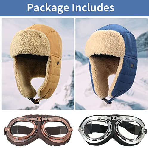 JaGely 4 Pcs Pilot Hat and Goggles Flight Costume Accessories Pilot Helmet Cap with Ear Flaps Hat Adults Winter - color: Blue and Khaki, style: Classic
