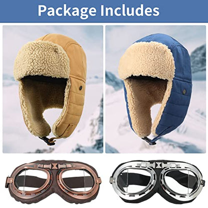JaGely 4 Pcs Pilot Hat and Goggles Flight Costume Accessories Pilot Helmet Cap with Ear Flaps Hat Adults Winter - color: Blue and Khaki, style: Classic