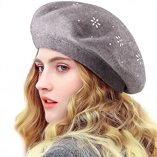 LADYBRO Rhinestone Beret Hats for Women 2 Layers Wool Knit Cap Lady Winter - color: Light Grey (Floral Pattern)