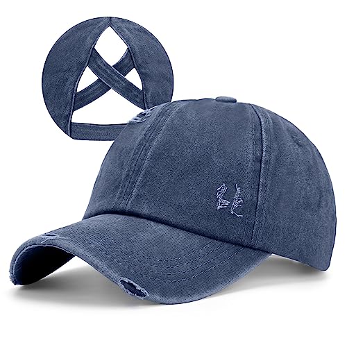 Criss Cross Ponytail Hat Women Washed Distressed Baseball Caps Adjustable High Messy Bun Ponycap - color: B - Denim Navy Blue
