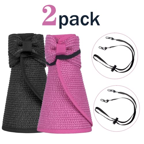 Women Sun Visors Foldable Straw Hats Summer Beach Packable Hat Floppy Wide Brim Cap Deep Style, Adjustable Size - color: Rose Red Black