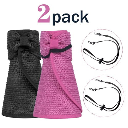 Women Sun Visors Foldable Straw Hats Summer Beach Packable Hat Floppy Wide Brim Cap Deep Style, Adjustable Size - color: Rose Red Black