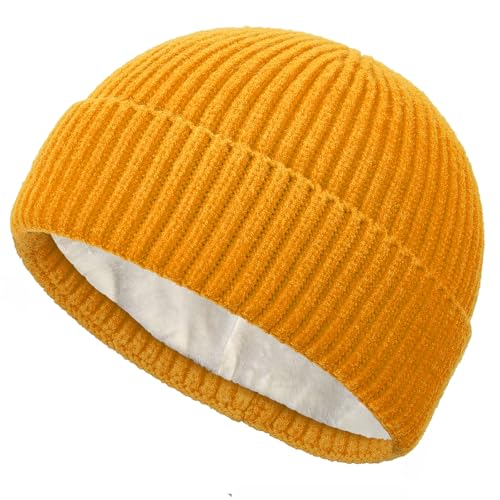 Short Wool Fisherman Beanie for Men Women Fleece Lined Winter Hat - color: 1pcs Yellow