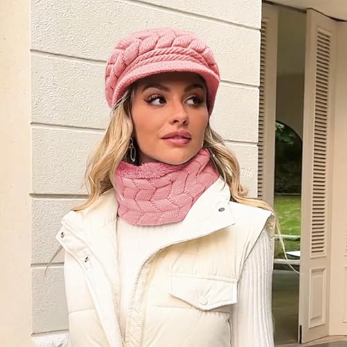 Loritta Womens Winter Beanie Hats, Thick Warm Beanie with Visor Brim - color: E-pink