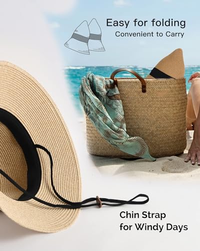 FURTALK Womens Beach Sun Straw Hat Wide Brim UV Protection Travel Hat - color: Pure Khaki, size: Medium-Large