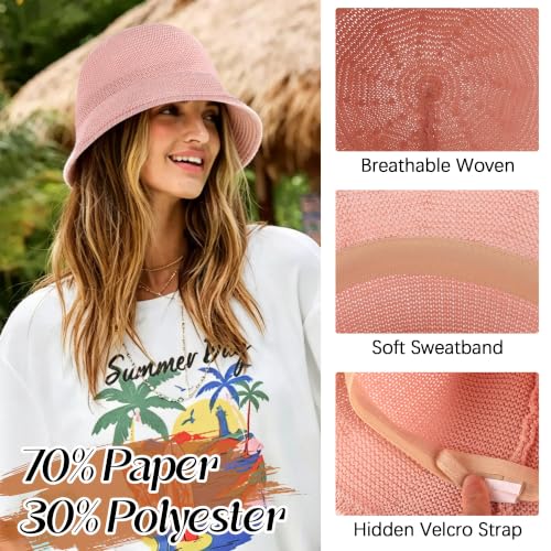 Babalet Summer Straw Beach Sun Hats for Women Packable Floppy Bucket Hat - color: Pink