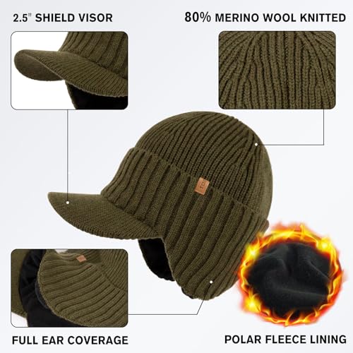TOP-EX DryKnit™ 80% Merino Wool Waterproof Warm Brim Beanie with Ear Flaps - color: Green, size: Medium-Large