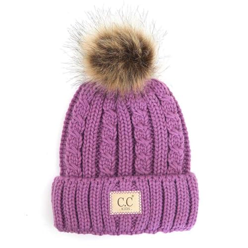C.C Kids' Suede Patch Snuggly Soft Warm Knit Pom Cuff Beanie - color: Cable Knit Faux Fur, New Lavender
