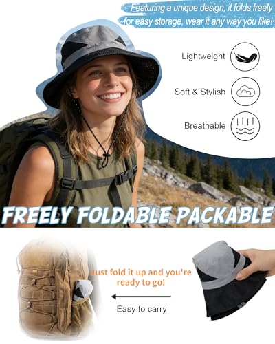 Women's Sun Hat with Ponytail Hole, Breathable Foldable Summer Hat with Shapeable Brim for Hiking Beach Gardening - color: Light Gray