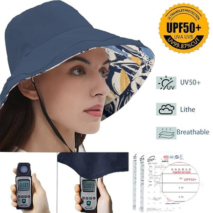vidsel Womens Sun Hats Wide Brim Reversible Bucket Cotton Hat with Hat Clip - color: Navy Blue2, size: Medium