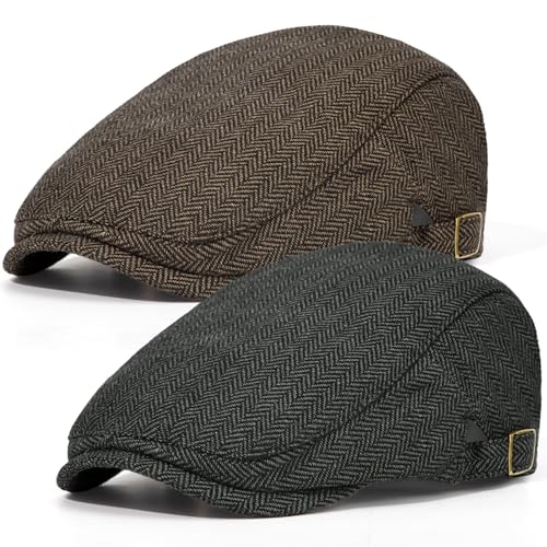 Senker Fashion 2 Pack Newsboy Cap for Men, Wool Blend Tweed Flat Cap - color: Black Light Brown