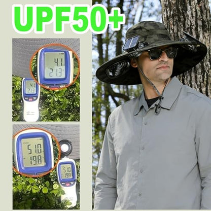 Fishing Hats with Sunglasses, Wide Brim Sun Hat with 2 Solar Fan, USB & Solar Powered Fishing Hats, Solar Fan Hats UPF 50+ - color: Camouflage Green