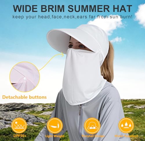 Women Wide Brim Face Mask Sun Hat Detachable Neck Face Flap Ponytail UV Protection Visor Hat Garden Fishing Hiking - color: Bg8094-baise