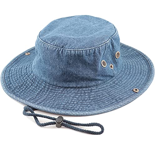 The Hat Depot Cotton Stone-Washed Safari Wide Brim Foldable Double-Sided Sun Boonie Bucket Hat - color: 4. Dk.denim, size: Small-Medium