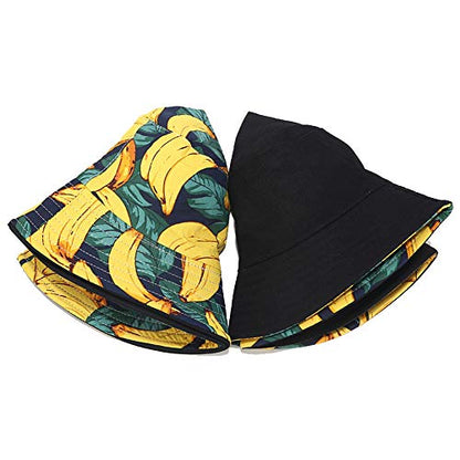 Unisex Print Double-Side-Wear Reversible Bucket Hat - color: Banana