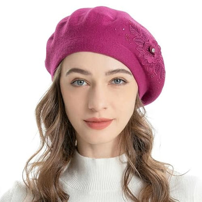 ZLYC Women French Beret Hat Reversible Solid Color Mosaic Warm Artist Cap - color: Flower Medium Violet Red