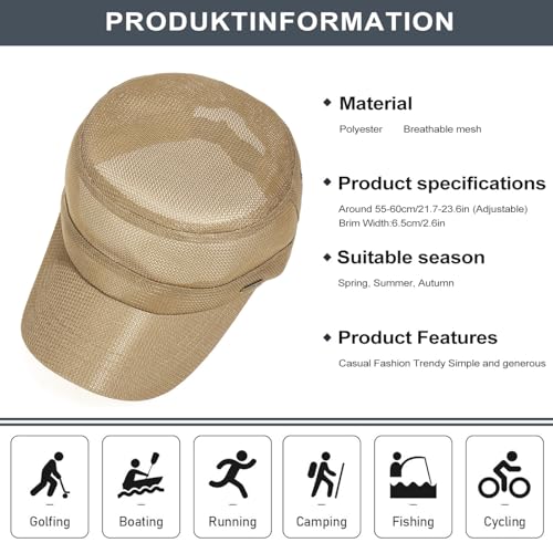 Initlove Cadet Army Cap for Men Women Military Hat Mesh Flat Top Hats for Summer - color: Khaki