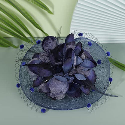 JWICOS Fascinators Hat for Women 50s Flower Hat with Veil Cocktail Wedding Tea Party Church Derby Hat - color: Navy