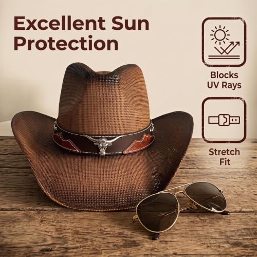 Straw Cowboy Hats for Women and Men - color: Sf-bronw, size: Medium