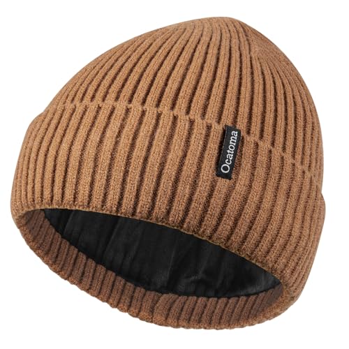 Ocatoma Beanie for Men Women Warm Winter Knit Cuffed Soft Ski Hats Unisex - color: Leather Brown