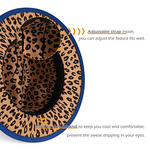 Women Two Tone Wide Brim Fedora Felt Panama Hat - color: Royal/Leopard