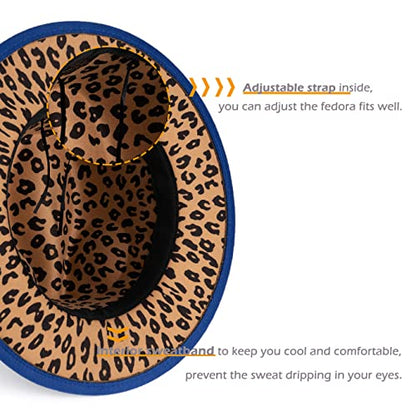 Women Two Tone Wide Brim Fedora Felt Panama Hat - color: Royal/Leopard