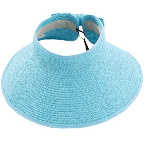 Womens Foldable Straw Sun Visor, Packable Roll‑Up Beach Hat with Wide Brim - color: Light- Blue