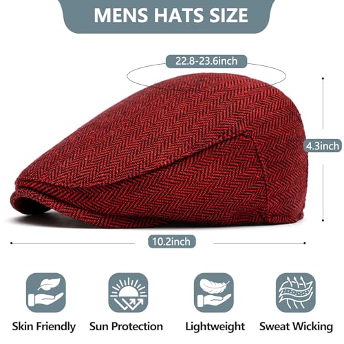 meioro Herringbone Flat Ivy Newsboy Cap for Men Classic Tweed Newsboy Hat Wool Blend Flat Cap Gatsby Cabbie Hats Ivy Caps - color: Red