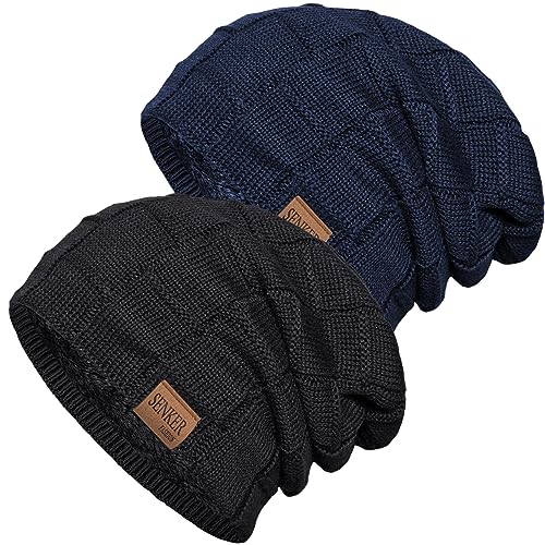Senker Fashion 2 Pcs Winter Slouchy Beanie Hats for Men, Warm Mens Beanies - color: Black Navy Blue