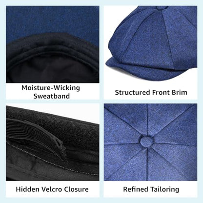 Mens Newsboy Cap High Woolen Tweed Gatsby Hat Ivy Cabbie Flat Golf Cap for Fathers Women Unisex - color: Blue, size: 7-7 1/8