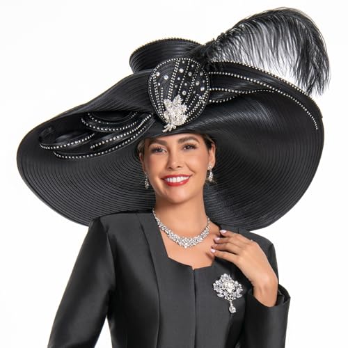 Women's Dramatic Giant Wide Brim Rhinestone Church Hat Statement Turban Fascinator for Wedding Chapel Baptist Sunday - color: 19-black