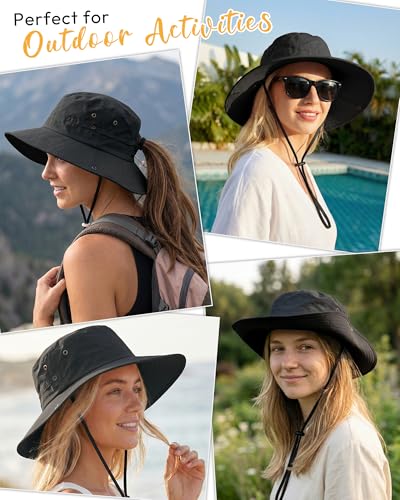 Women Sun Hat with Ponytail Hole Wide Brim Bucket Sun Protection for Summer - color: Black