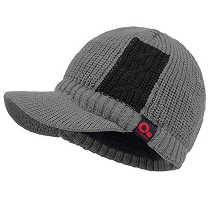 Women's Contrast Patch Visor Beanie Winter Knit Hat with Birim Fleece Lining Baseball Cap - color: Gray