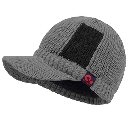Winter Patch Work Visor Beanie Brimmed Baseball Cap Fleece Lined Knitted Billed Hat - color: Grey