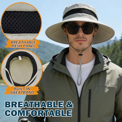Men's UPF 50+ Waterproof Wide Brim Boonie Hat, Sun & Rain Protection - color: Beige