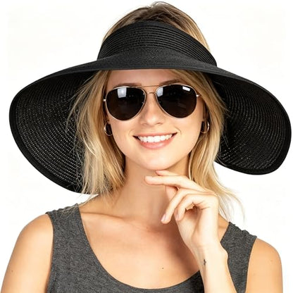 Sun Visor Hats Summer Wide Brim Clip on Beach Adjustable Large Brim Cap Golf Hat for Women - color: Black