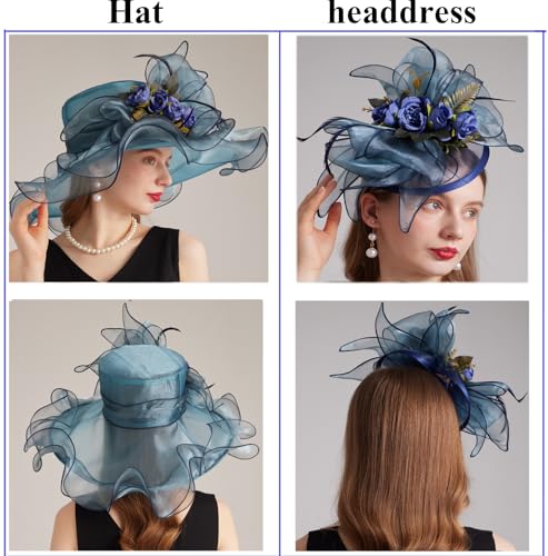 Women Derby Church Hat Organza Flower Wedding Tea Party Fascinator Wide Brim Sun Hat - color: 13-cyan
