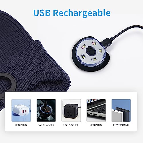 LED Beanie Hat with Light, USB Rechargeable LED Headlamp Hat, Unisex Winter Hat Warm Knitted Earflap Beanie with Night Flashlight (Blue) - color: Blue Adult