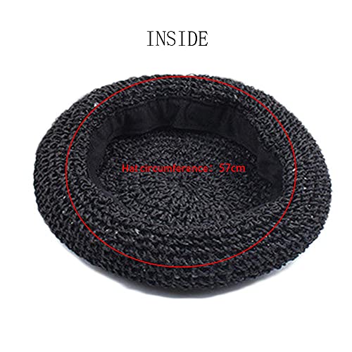 Straw Beret Summer French Beret Hats for Women Artist Crochet Beret - color: Black Flower