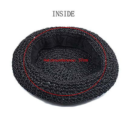 Straw Beret Summer French Beret Hats for Women Artist Crochet Beret - color: Black Flower
