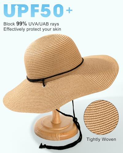 Sun Hats for Women, Summer Wide Brim Straw Beach Hat - color: Khaki, size: Large