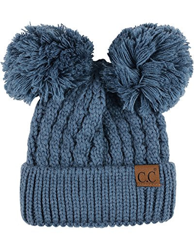 C.C 2 Ear Pom Pom Cable Knit Soft Stretch Cuff Skully Beanie Hat - color: Dark Denim