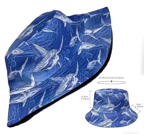 Shark Pattern Bucket Hat for Men Women, Reversible Double-Side-Wear Sun Hat, Packable Beach Fisherman Cap - color: Shark Pattern