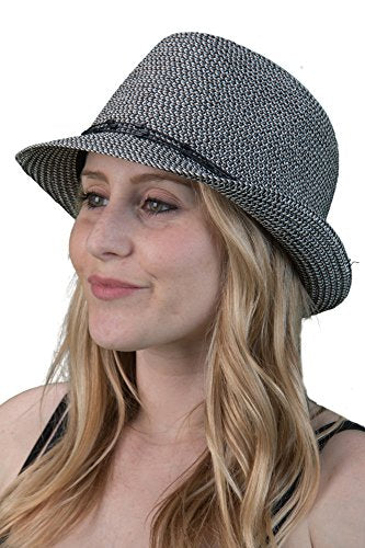 Funky Junque Short Brim Fedora Packable Sun Hat for Women - color: 2 Pack - Black & Brown Multi W/ Beaded Ropes
