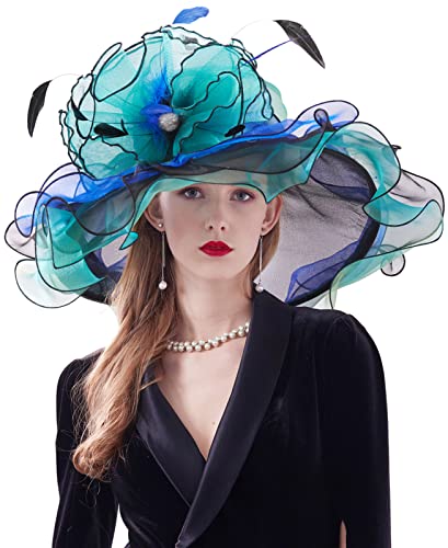 Z&X Women Organza Church Derby Hat Wide Brim Sun Hats for Wedding Tea Party Fascinator Hat, Dual-use - color: 013a- Blue and Green