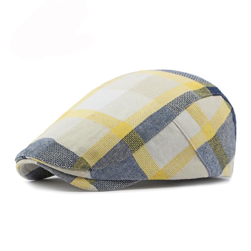 Men's Plaid Striped Newsboy Ivy Flat Driving Golf Cap - color: Redyellow
